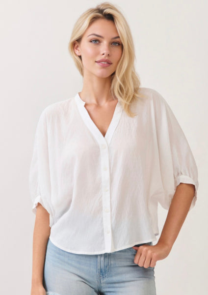 White Dolman Sleeve Button Down Top