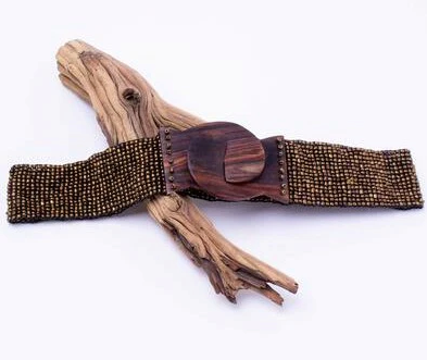 Beaded Stretch Belt with Wood Buckle