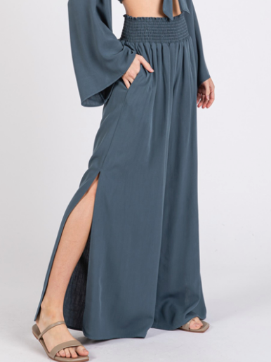Wide Leg Rayon Pants with Side Slit